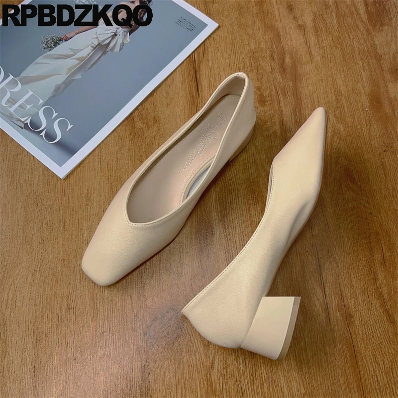 

Sheepskin Comfy Shoes Pumps Chunky Women Brown Medium Heel Soft Solid Square Toe Real Leather Plain Classic Nude Slip On Glove