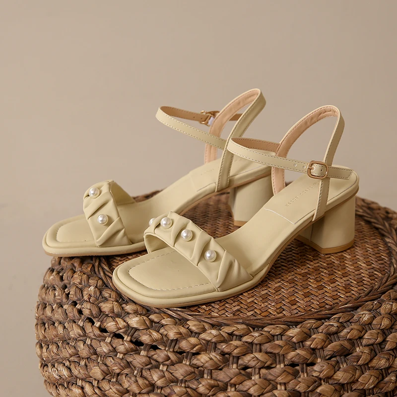 5cm Women Sandals Summer Square Toe Thick Med Heel Buckle Strap Ladies Pumps Fairy Fashion Gentle Leisure Solid Females Shoes