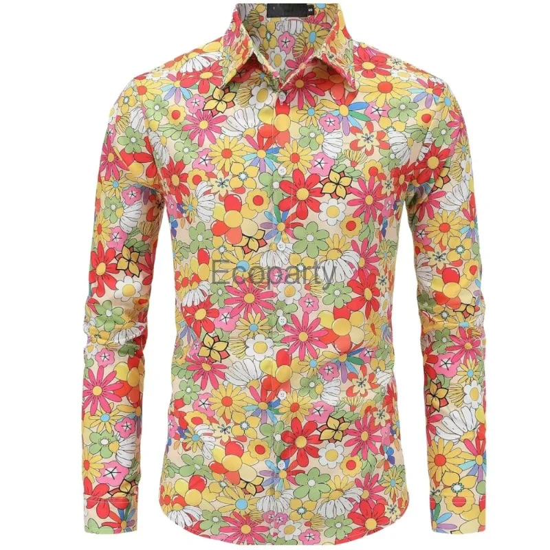 New Men's Vintage 80s Hip Hop Costume Retro Printed Long Sleeve Shirts Halloween Purim Carnival Disco Party Costume Tops