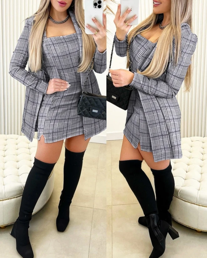 Woman Elegant Plaid Print Slit Dress & Long Sleeve Coat Set Temperament Commuting New Women's Fashion Dresses Two Piece Outfits underlay fashion temperament slim fit slim fit buttocks wrapped quiet and beautiful girls dresses in stock