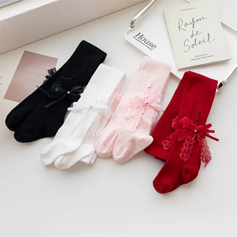 Toddler Kids Girls Stockings Cute Rhinestone Double Bowknot Lolita Princess Dance Ballet Tights High Waisted Footed Pantyhose
