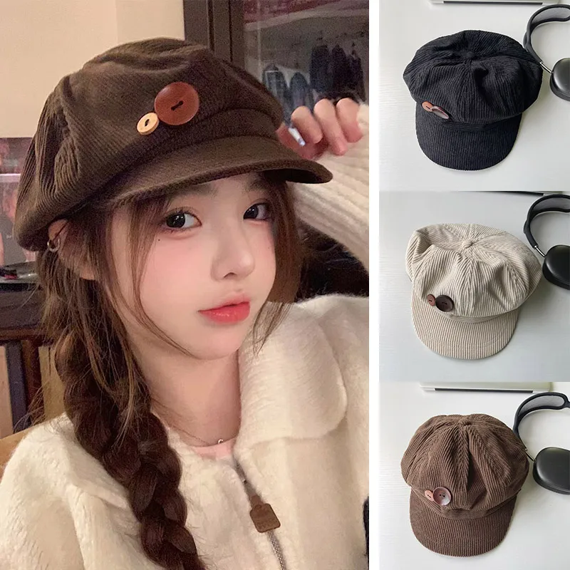 RICYGVM Berretto ottagonale in velluto a coste con bottoni retrò per donne, cappello da pittore, artista, ragazze giapponesi, berretti con visiera marroni, berretti autunnali e invernali_voghion.com