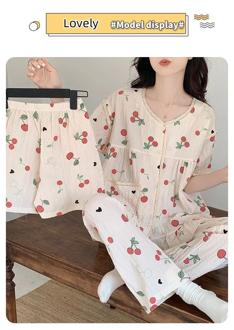 Yasuk Primăvară Toamnă Vară Femei Casual Moale Sleepwear Pamas Set cu Pantaloni Lungi Scurti Dulce Imprimeu Dantelă Căpșuni_voghion.com