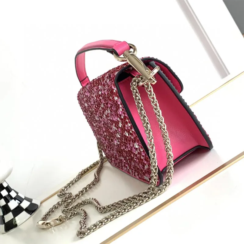 

Top quality leather flip shoulder and portable rhinestone chain mini leather women's handbag 2023 luxury accessories