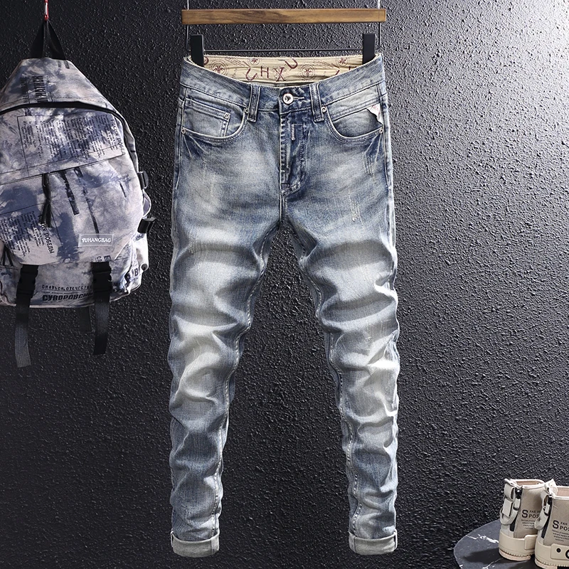 Italian Style Fashion Men Jeans Retro Washed Blue Elastic Slim Fit Ripped Jeans Men Trousers Vintage Designer Denim Pants Hombre