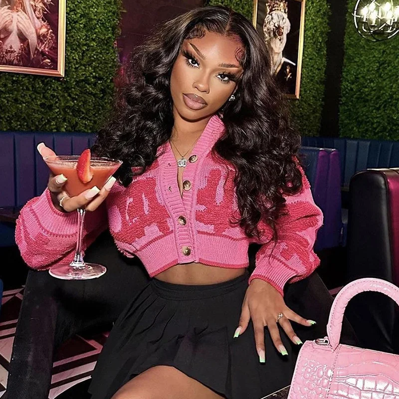 

Elegant Letter Printed V-neck Knit Cardigans Ladies Single Breasted Long Sleeve Warm Sweater Female Casual Loose Streetwear Coat