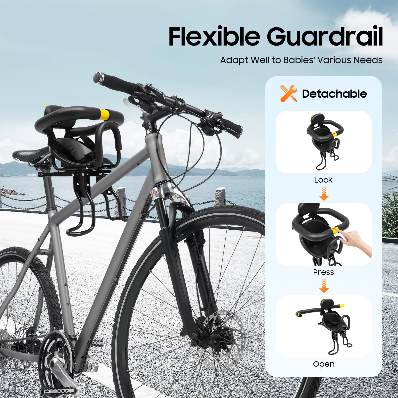 Bike Child Seat Adjustable Bicycle Child Safety Seat Iron Plastic Sponge Black Modern 1-5 Years Old with Belt Guardrail bicycle accessory bicycle safety seat