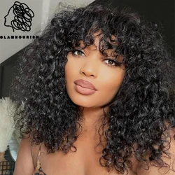 Glueless Curly Human Hair Wigs Machine Made Scalp Top Wig With Bangs 200% Density Shoulder-Grazing Curly Wig with Wispy Bangs
