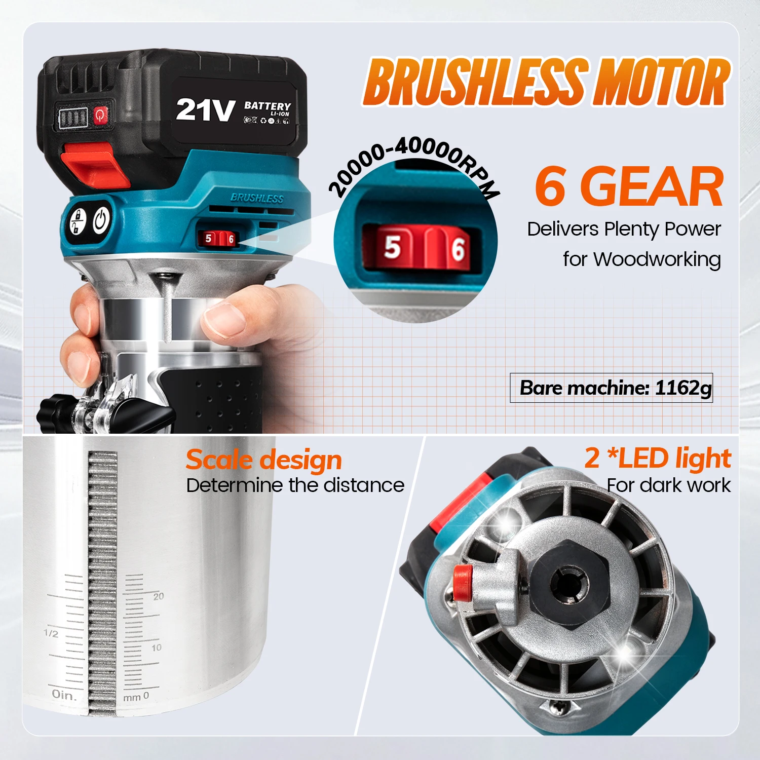 마키타 18V 배터리용 2 in 1 6단 브러시리스 전기 핸드 트리머 무선 목공 라우터 목공 조각 밀링 커터