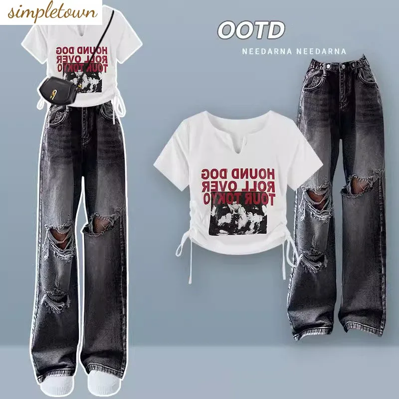Spring/Summer Set Korean Edition Shoulder Short Sleeve T-shirt+High Waist Personalized Perforated Jeans Two Piece Set vintage high waist perforated pants elastic fit skinny jeans snug and cover the flesh 2023 new jeans for women high quality
