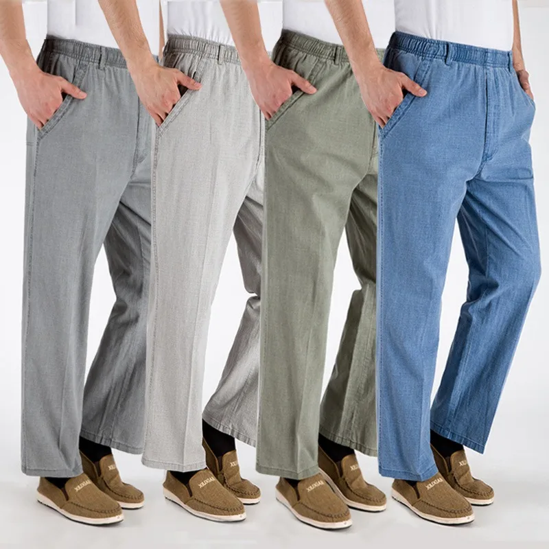 Men's Thin Cotton Linen Trousers Mens Loose Casual Straight Pants Comfortable Breathable Elastic Waist Work Pants Men Clothing
