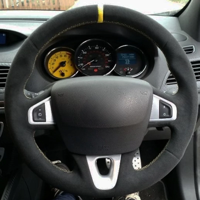 

Car Steering Wheel Cover Black Genuine Leather Suede For Renault Megane 3 (Coupe) RS 2010 2011 2012 2013 2014 2015 2016