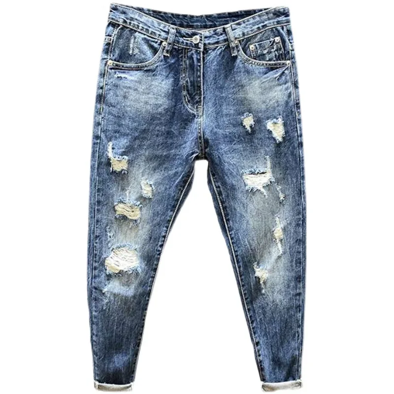Nine-point jeans with holes for men's thin fashion brand slim feet in summer and summer Korean style spring and autumn pants