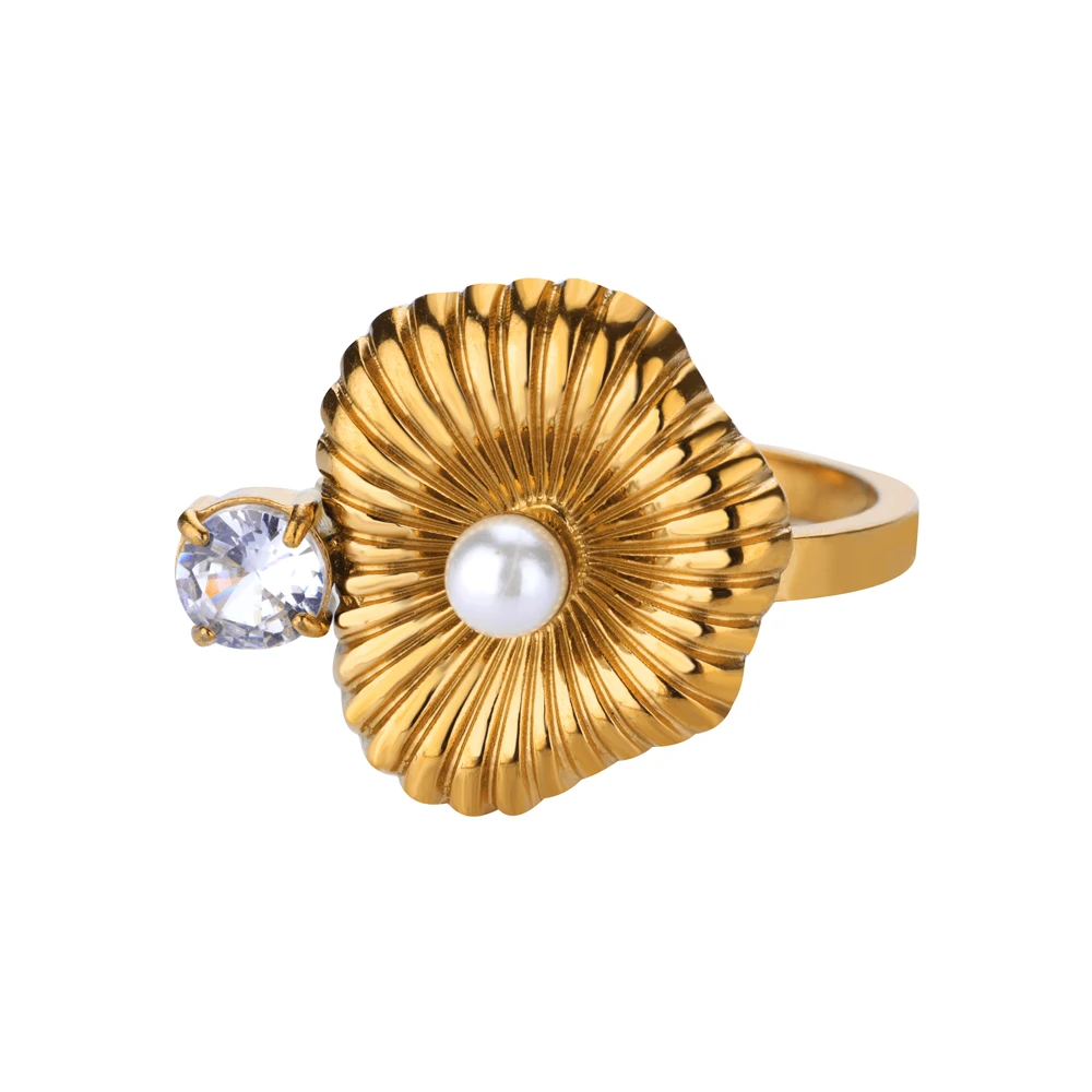 Stainless Steel White Zircon Imitation Pearl Open Rings For Women