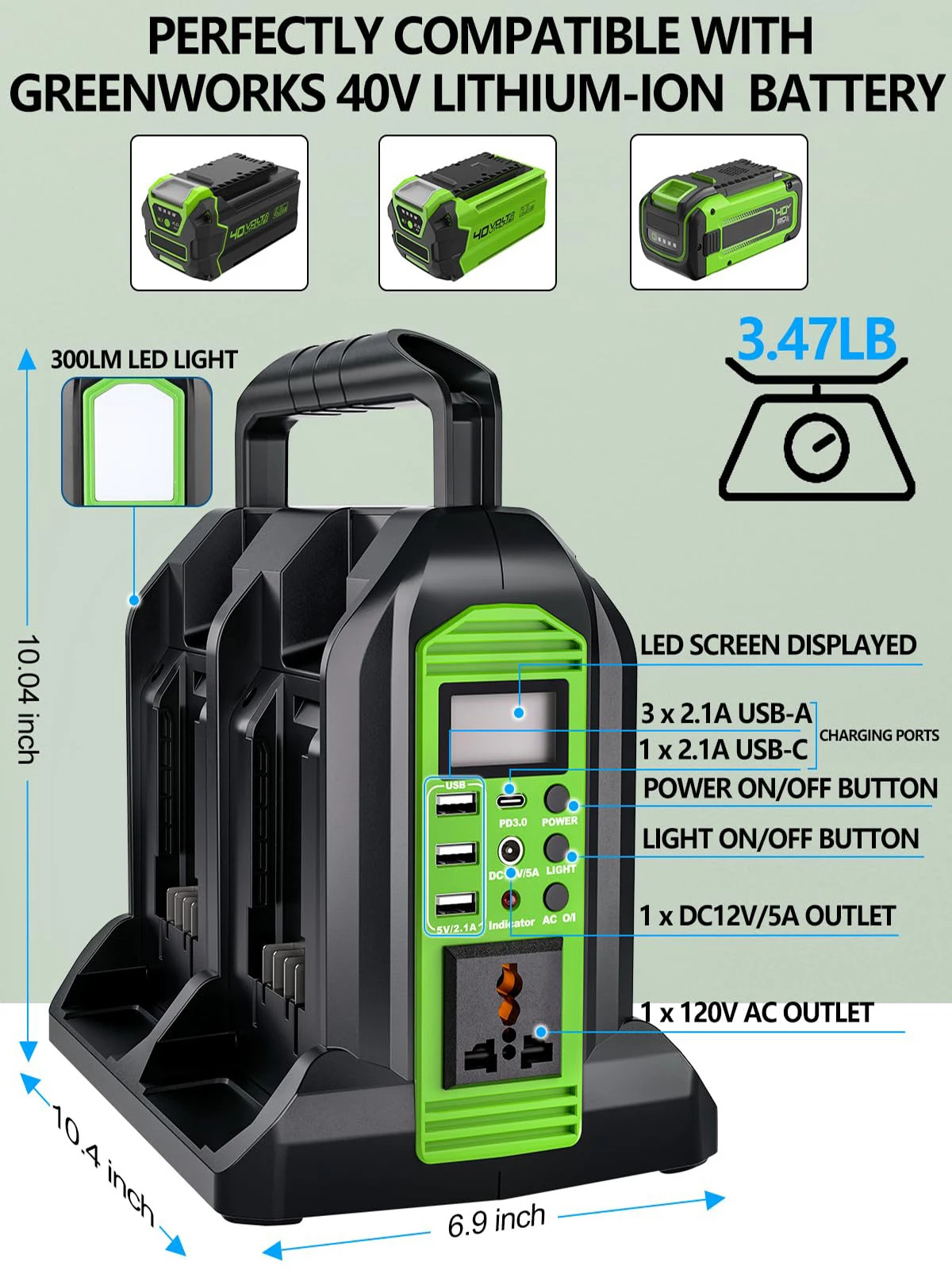 350W Power Inverter for Greenworks 40V Battery DC 40V to AC 110-120V Pure Sine W