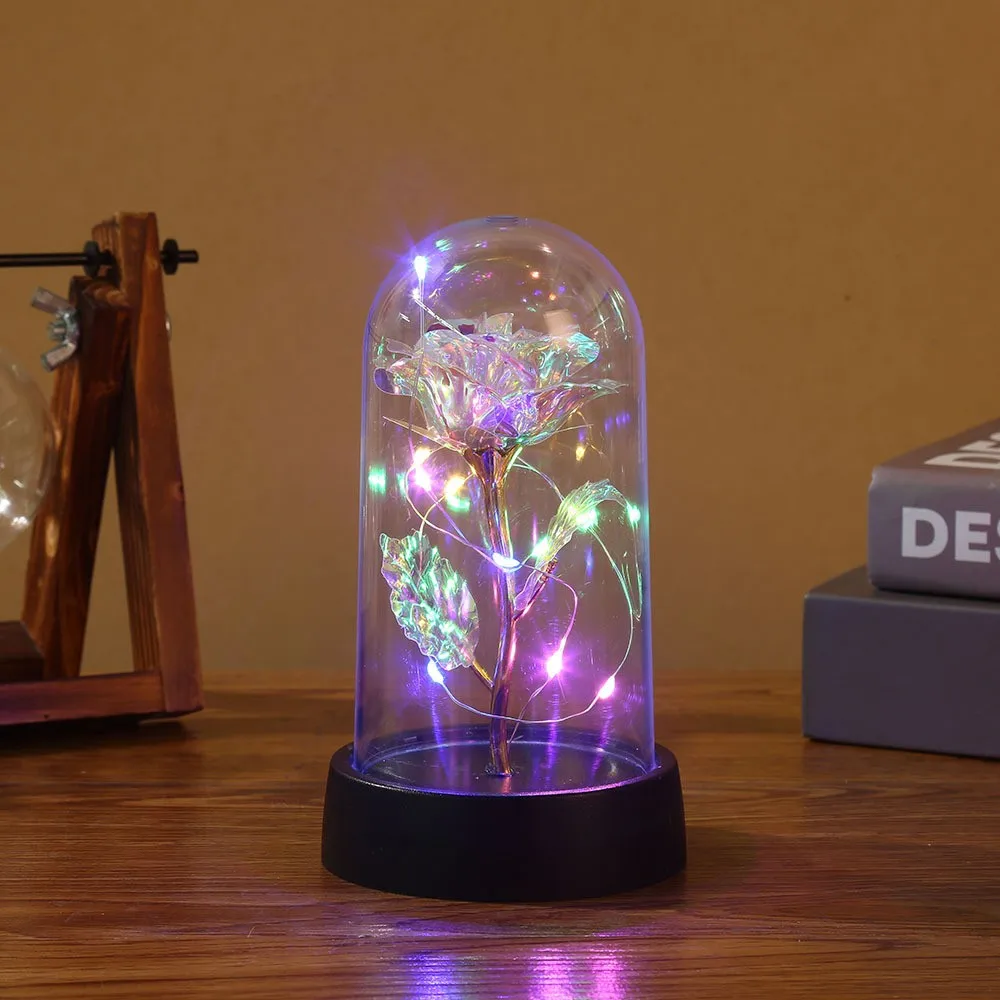 Colorata Galaxy Rose In Vetro Con LED – Rosa Artificiale Dorata Per Regalo Romantico (Nero) - 3
