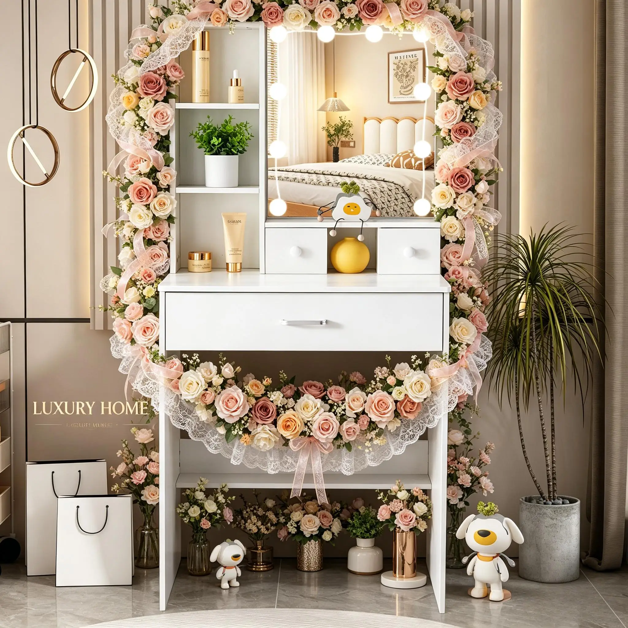 White LED Vanity Table, 10 Bulbs 3 Color Dimmable Mirror, 3 Drawers 3 Shelves Bedroom Makeup Desk