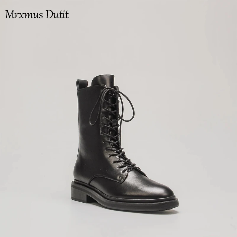 Mrxmus Dutit 2023  가죽 레이싱 플랫 숏 부츠, 라운드 헤드, 심플 캐주얼 숏 여성, 가을 겨울 패션, 신상