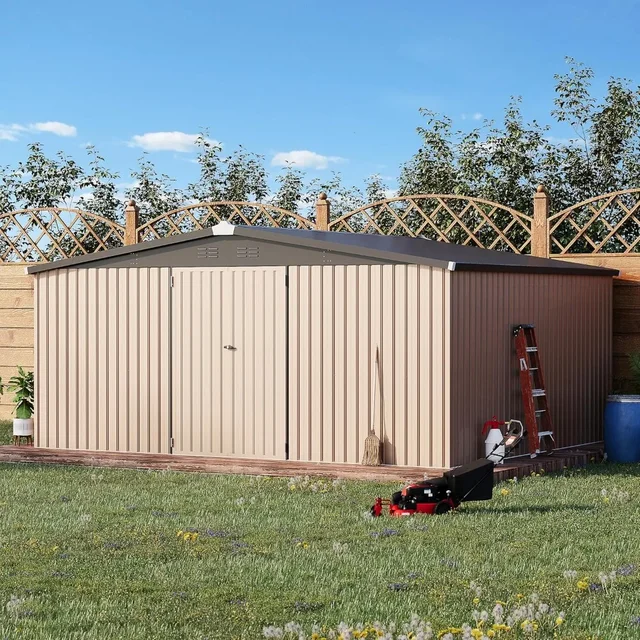 14 'x 12' hangar de rangement en métal extérieur, grand hangar de cour en acier, jardin, cour, terrasse, rangement d'outils extérieurs, gris 4