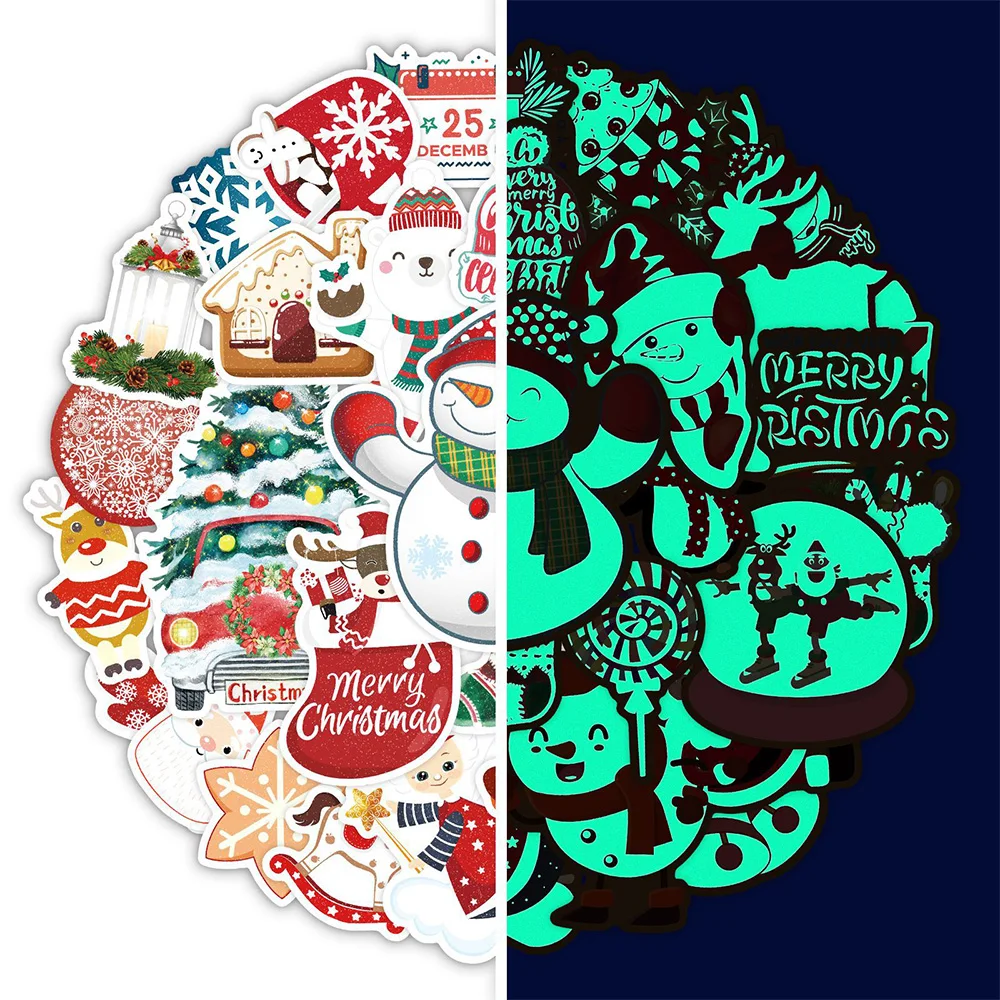 

30pcs/Pack Fluorescence Cartoon Christmas Stickers Santa Claus Decals DIY Water Bottle Phone Case PVC Graffiti Sticker for Kids
