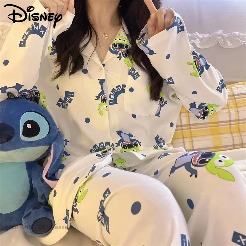 

Disney Home Clothes Cartoon Alien And Stitch Print Pajamas 2 Piece Set Women Tops Wide Leg Pants Y2 Female Soft Nightdress Suit