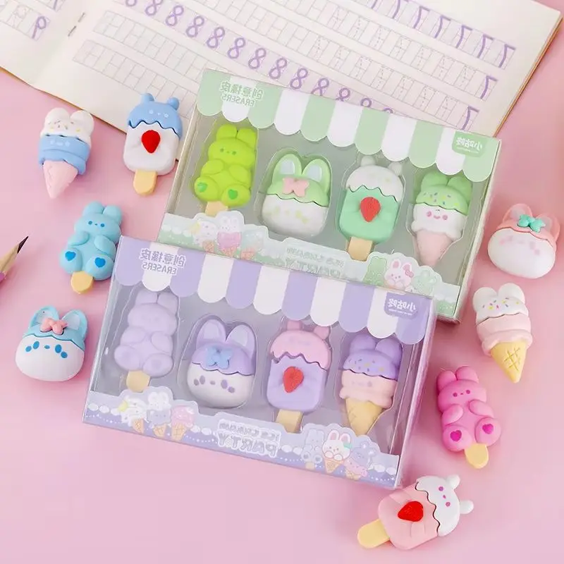 Set di 4 Gomme da Cancellare a Forma di Cartone Animato, Kawaii Dessert Coniglio e Gelato, in Confezione Regalo per Studenti, Cancelleria Scolastica per Bambini - immagine 3