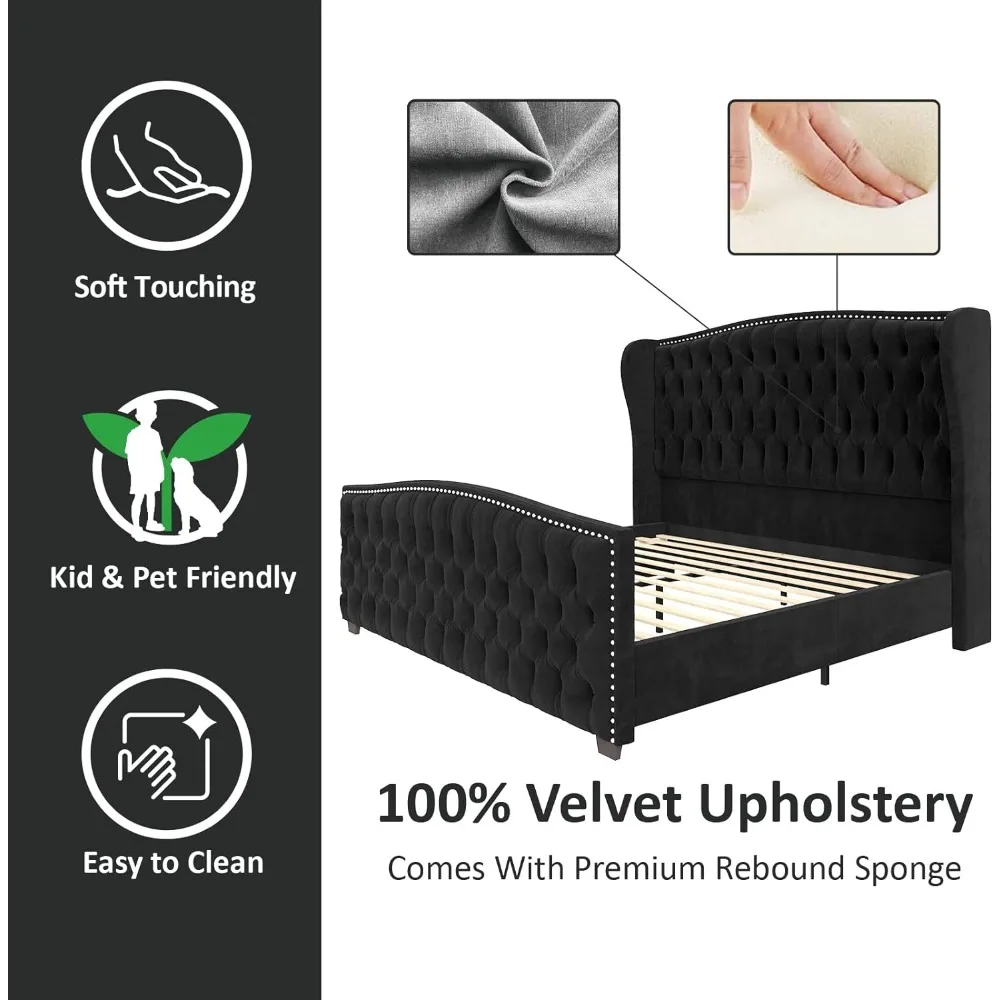 King Platform Bed Frame, Velvet Upholstered Bed with Deep Button Tufted & Nailhead Trim Wingback Headboard/No Box Spring Needed