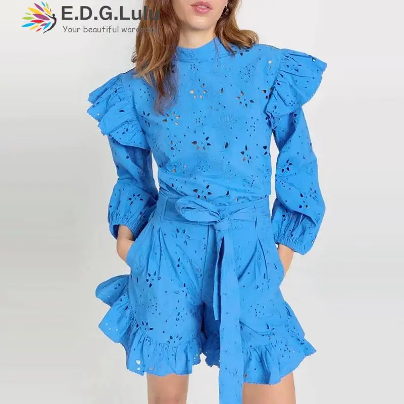 

EDGLuLu Elegant Women Long Sleeve Top Blouse +Short Pant Suit Fashion Embroidery Hollow Lace Two Piece Sets Blue Suits 0415
