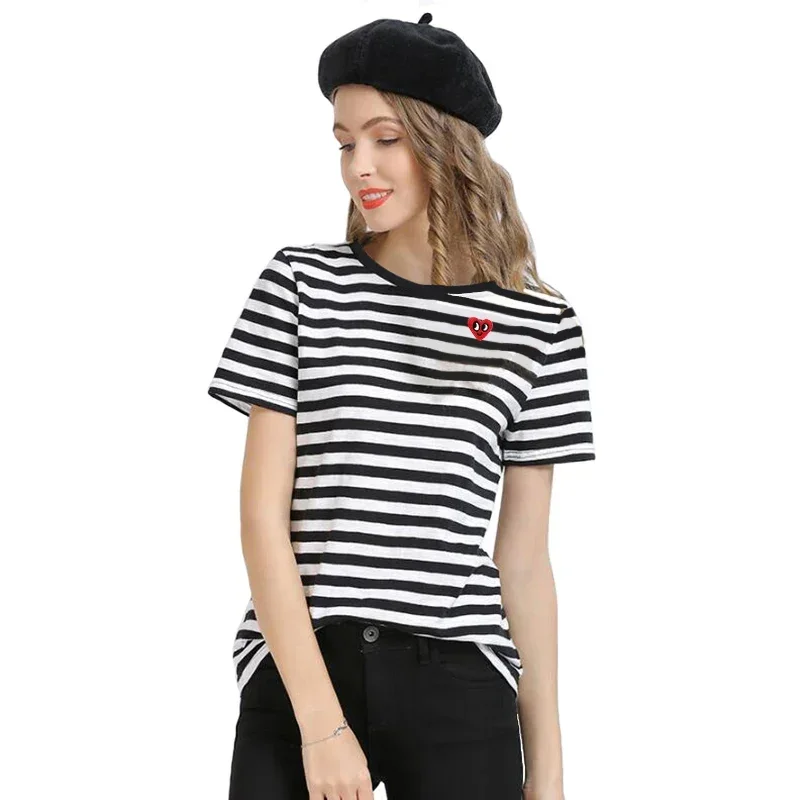 

Футболка хлопковая в полоску для мужчин и женщин, Повседневная рубашка в стиле унисекс, с вышивкой счастливого сердца, с круглым вырезом и короткими рукавами, лето