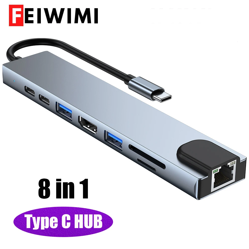8 In 1 Usb C Hub Tipo C Splitter 4K Hdmi Rj45 Pd Charge Sd/Tf Card Reader Adattatore Per Laptop Per Macbook Air M1 Ipad Pro