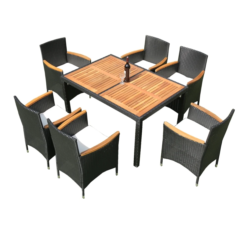 

7pcs Patio Dining Set All-Weather Wicker Rattan Table Chairs Set With Acacia Wood Tabletop For Backyard Garden Porch Poolside