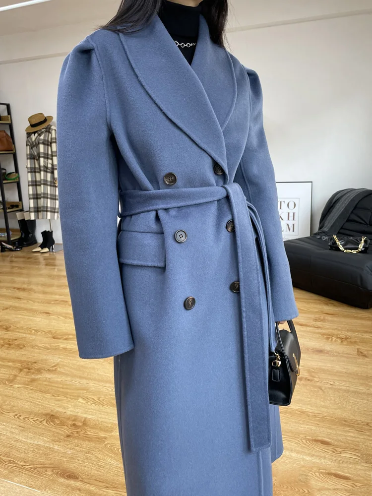 Casual Women Long Double-sided Wool Coat Fashion Loose Turn-down Collar Long Sleeve Double Breasted Wool Jacket Female Winter