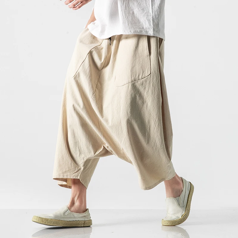 

Men Cross Pants Wide Crotch Harem Pants Cotton Linen Loose Large Vintage Trousers Japan Yamamoto Harajuku Style Baggy Trousers