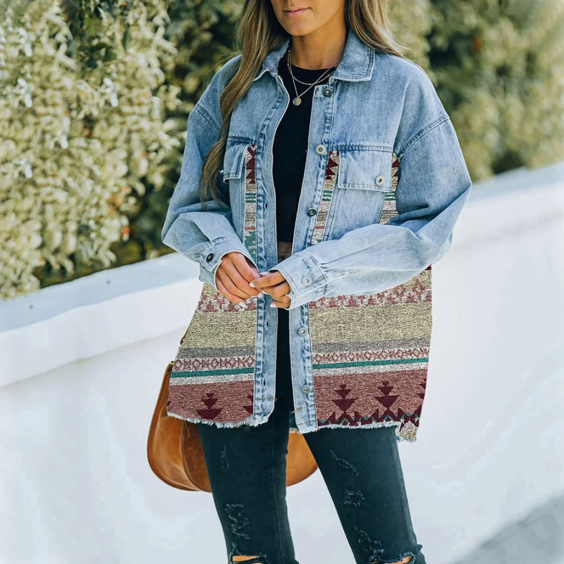 

Velvet Patchwork Denim Jacket for Women Jean Coat 2022 Vintage Geometry Color Oversized Button Down Jacket Outwear with Pocket