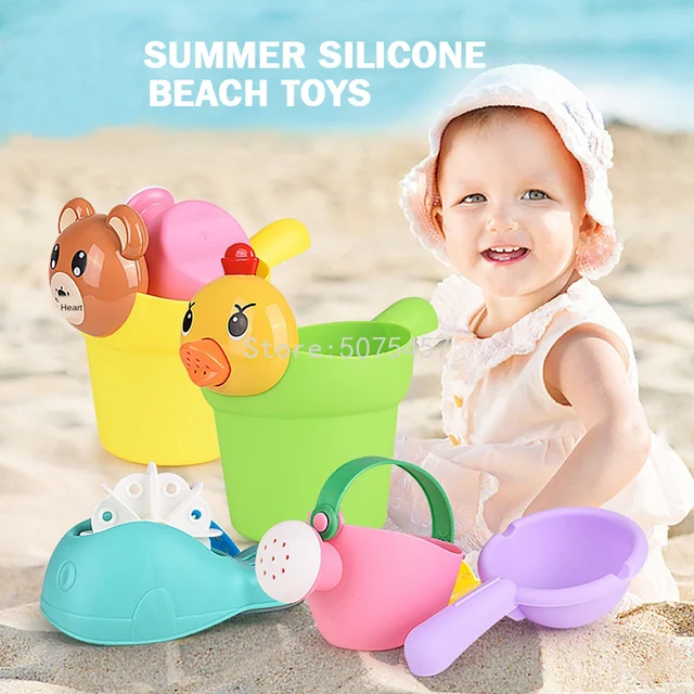 Summer Silicone Soft Baby Beach Toys Kids Mesh Bag Bath Play Set Beach Party Ducks Bucket Sand Molds Tool Water Game Bath Toys 3