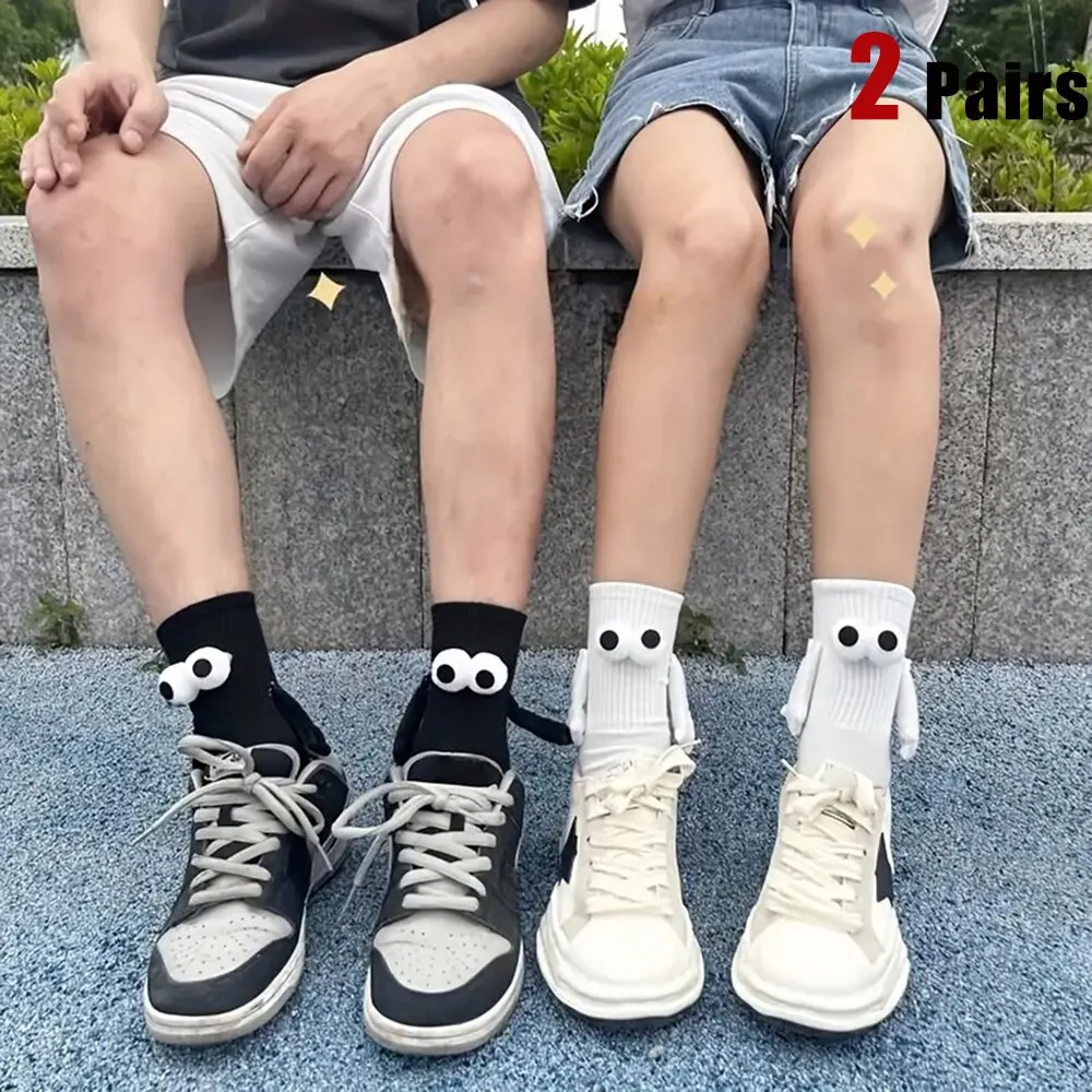 Sweat Absorbing Socks 2 Pairs Creative Sweat-absorbing Mid Tube Socks That Can Hold Hands Fashionable Lovers Friends Family 3D Cartoon Men Women Socks