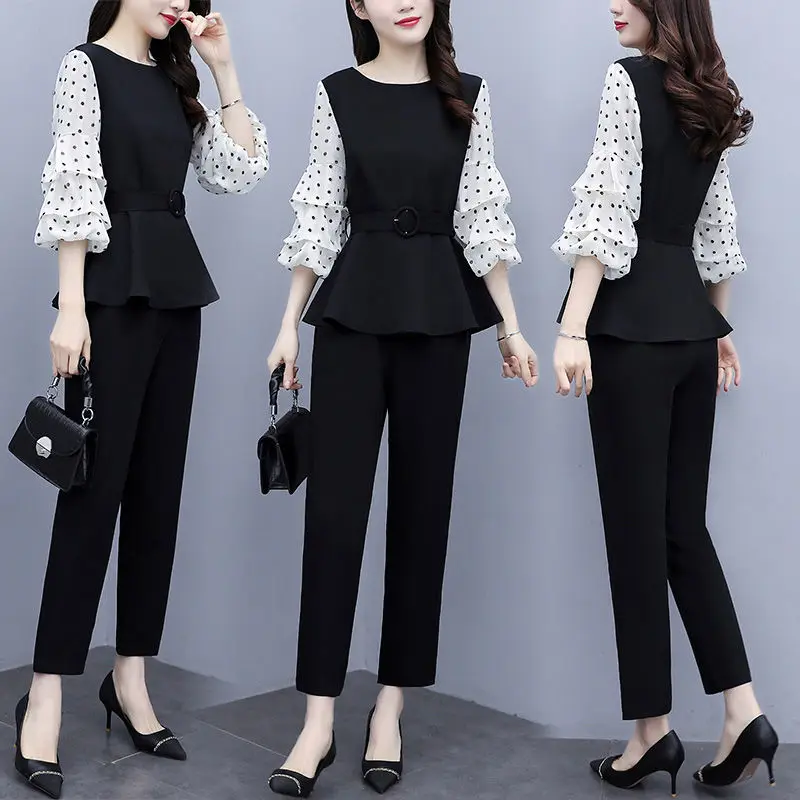 New Waist Closing Slim Wave Point Top Office Professional Harlan Pants Age Reduction 2 Piece Set Temperament Women Pants Suit