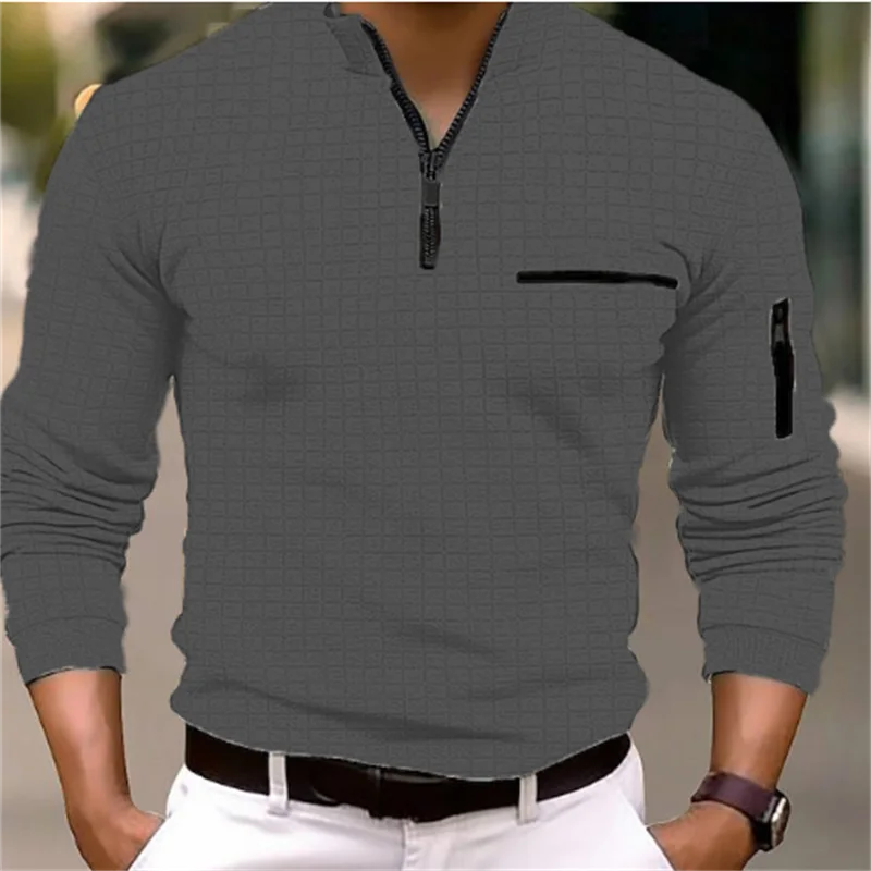 Spring and Autumn men's fashion shirt checkerboard checkered POLO shirt arm zipper casual sports clothing shirt T-shirt top