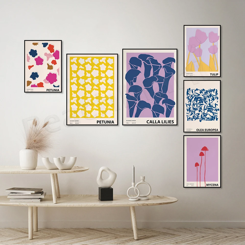 Poster Floreale Colorato, Giglio, Tulipano, Gelsomino, Calendula, Papavero, Petunia, Mycena, Arte Botanica Astratta Oliva, Eclettico Home Deco
