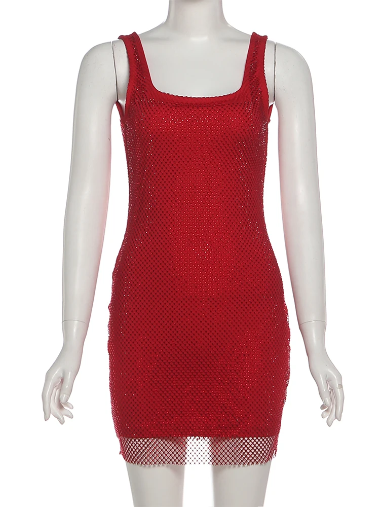 Nibber Square Collar Dress Women Sexy Sleeveless Christmas Shiny Thread Patchwork Wild Hottie Party Club Peach Hip Mini Bodycon