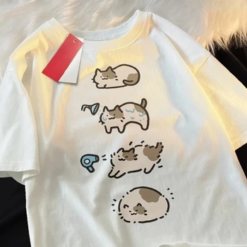 Bathing Cat Cute Cartoon Short Sleeved T-shirt for Women Casual Loose Summer Breathable Hair Dryer Pure Couple Tshirt Fashion 1