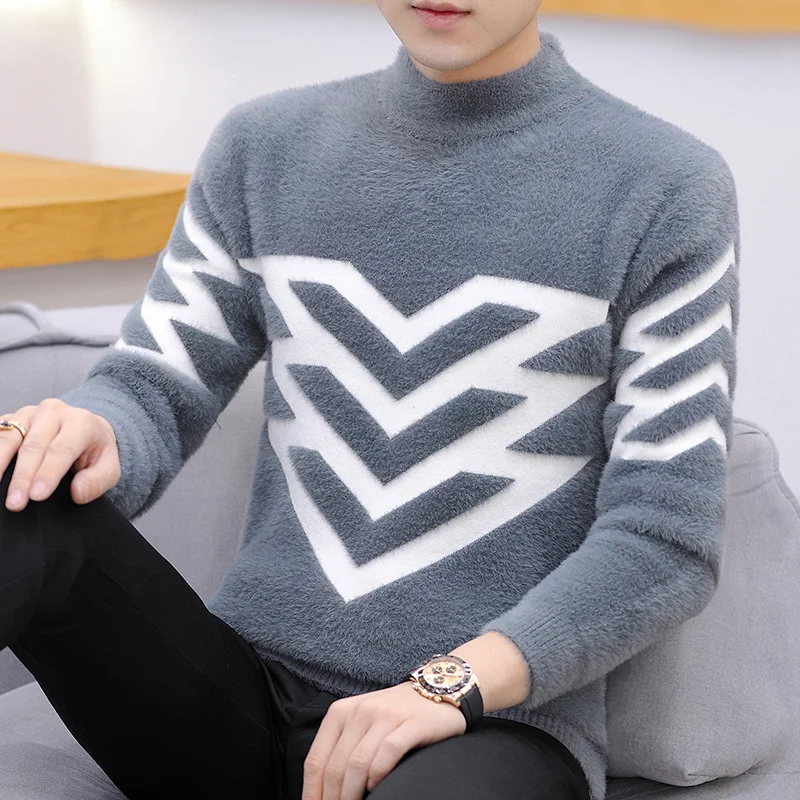 Korean Version Style Up Uppolo/Turtle Neck Sweater Loose Fit Versatile Winter Stretch Knitted Top Outer Wear Plush Top For Men 4