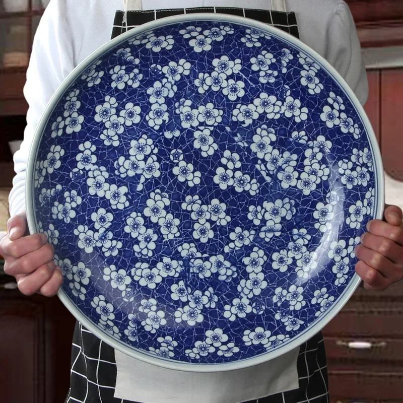 Large Serving Plates Chinese Blue And White Dish Bowl Retro Porcelain Tableware Home Dish Spaghetti Roast Turkey Roast Goose