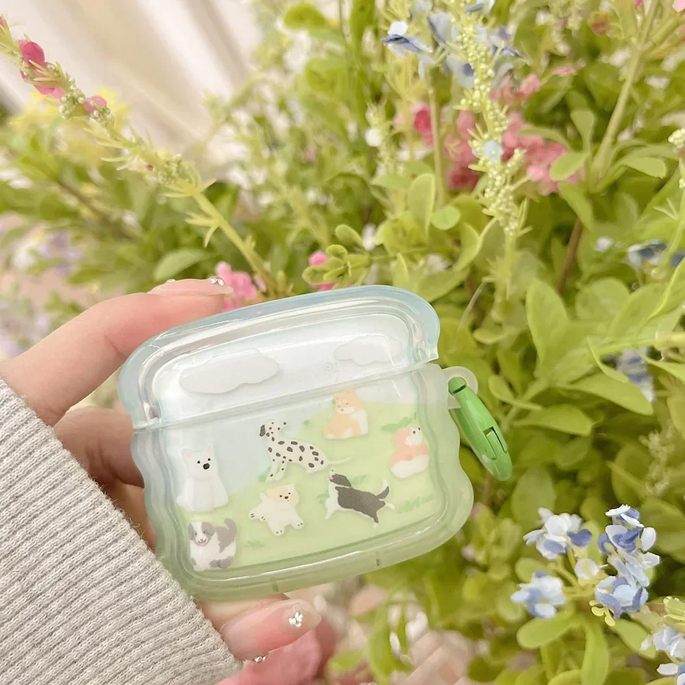 For Airpods 1 2 Pro Earphone Case Creative Cute Grassland Puppy Wave Frame Pendant Anti-fall Shell For Airpods 3 Pro 2 Keyring