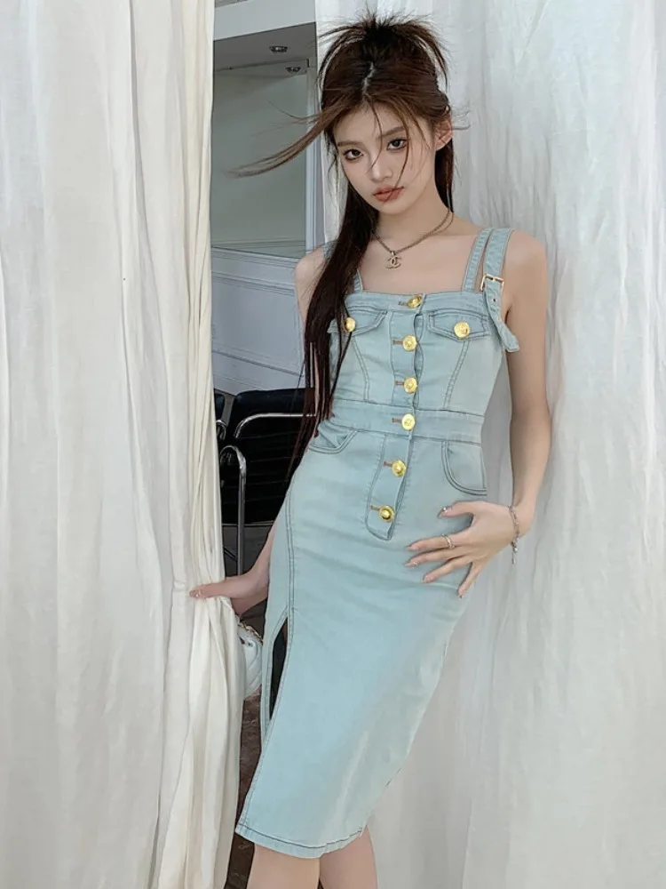 

Chic Buttons Denim Mini Dress for Women High Street Sleeveless Split Hip Dresses Korean High Street Solid Vestidos