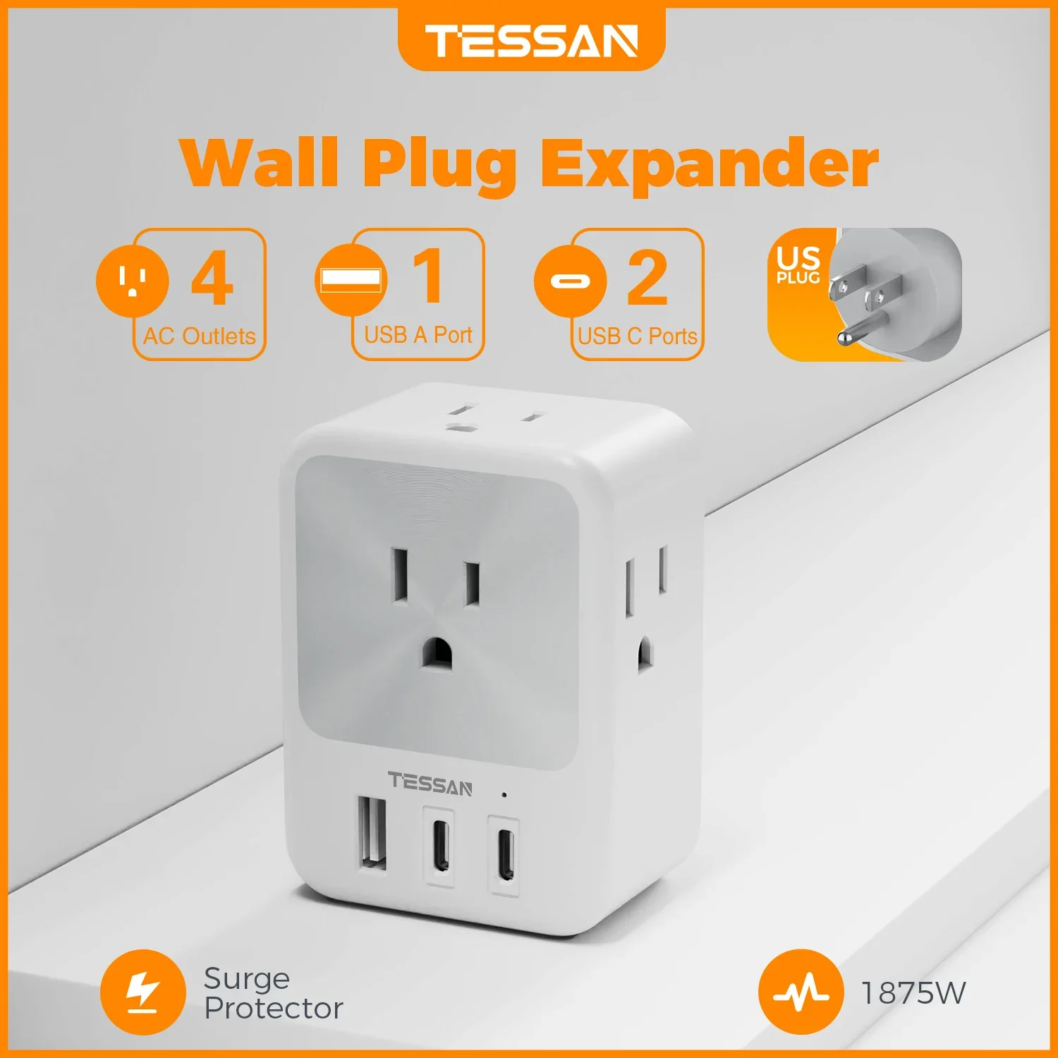 Power strip TESSAN US Plug Power Strip 4AC Outlet 3USB Charging Port Multi-Contacts Electrical Socket with Surge Protector for Home