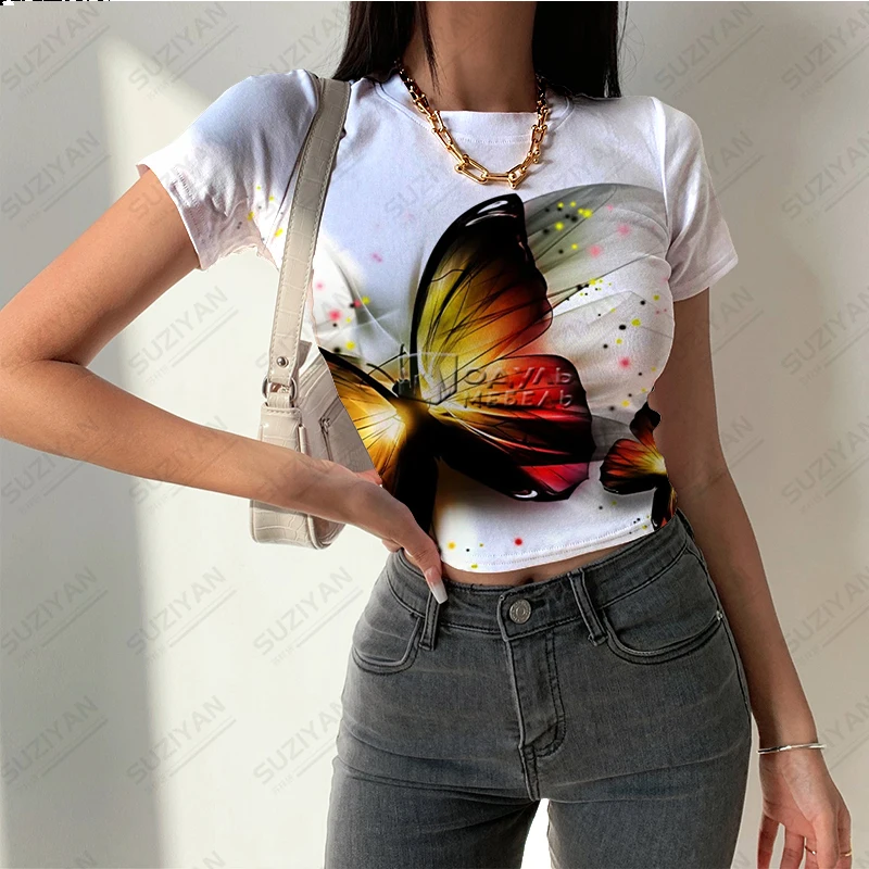 

Women's Summer Fashion Short Top 3D Printed Colorful Butterfly Printed Short Sleeve T-shirt Women's Round Neck Sexy Casual Top