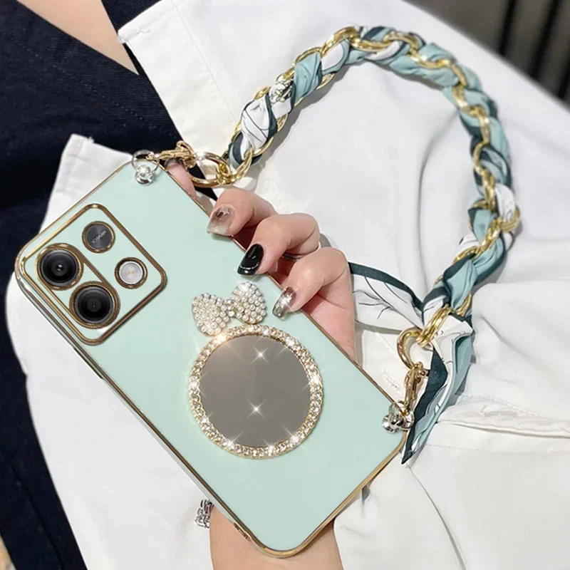 Silk Lanyard Armband Armband Fodral För Redmi Note 13 Plus 12 12S 12C 11 11S 10 10S 9 9S 9A 9C Pro Bow Mirror Plätering_voghion.com