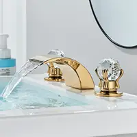 LED Widespread Bathroom Faucet Waterfall Gold Polished Lavatory Faucets Basin Mixer Tap 2 Crystal Knobs 3 Holes 4