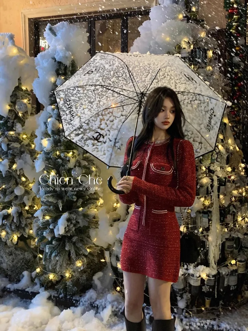 

Temperament Celebrity Tweed Dress Women Korean Christmas French Sparkling O-neck Sweater Plaid Fashion Slim Winter Female Outfit